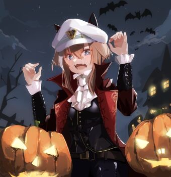 1girl animal_ears ascot bat_(animal) belt black_coat black_pants black_shirt blue_eyes blush breasts brown_hair cheval_grand_(umamusume) claw_pose coat fangs hair_between_eyes halloween halloween_costume hat highres horse_ears horse_girl jack-o&#039;-lantern looking_at_viewer medium_hair multicolored_hair night night_sky open_clothes open_coat open_mouth outdoors pants peaked_cap popped_collar pumpkin shirt sky solo star_(sky) streaked_hair umamusume vampire vampire_costume white_ascot white_hair white_hat yoojp