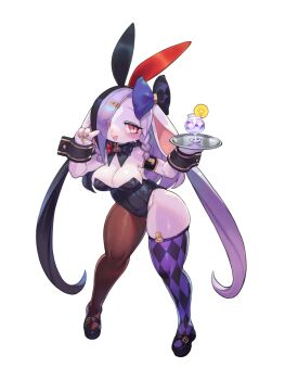 1girl alcohol animal_ears asymmetrical_legwear black_bow black_bowtie black_hair black_leotard black_shoes bow bowtie braid braided_sidelocks breasts bunnimals cleavage cocktail curvy drink fake_animal_ears furry furry_female hair_bow hair_over_one_eye highres holding holding_tray large_breasts leotard long_hair lupinus_(bunnimals) mismatched_legwear multicolored_hair official_art open_mouth pink_eyes playboy_bunny purple_fur purple_hair rabbit_ears rabbit_girl rikose second-party_source shoes shortstack simple_background smile solo standing tachi-e transparent_background tray two-tone_hair very_long_hair wide_hips wrist_cuffs