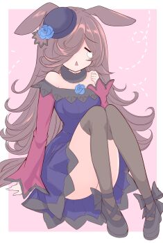 1girl animal_ears arm_support bad_anatomy bad_hands black_hat blue_dress blue_flower blue_rose border brown_hair clenched_hand closed_eyes commentary_request crying detached_collar dress flipped_hair flower full_body fur_choker hair_over_one_eye hand_up hat highres horse_ears horse_girl horse_tail knees_up long_hair off-shoulder_dress off_shoulder pink_background red_sleeves rice_shower_(rosy_dreams)_(umamusume) rice_shower_(umamusume) rose simple_background small_hands solo suzuto32 tail thighs tilted_headwear umamusume white_border