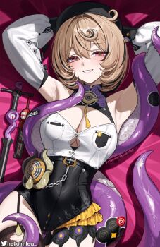 1girl armpits asymmetrical_shorts bare_shoulders beret black_hair black_hat black_shorts blonde_hair blush breasts commentary_request detached_sleeves garter_straps hat helloimtea high-waist_shorts highres large_breasts looking_at_viewer lying mole mole_under_mouth monster_girl multicolored_hair on_back purple_eyes scylla shirt short_hair shorts single_garter_strap smile solo streaked_hair tentacle_between_breasts tentacle_girl tentacle_tail tentacles thighhighs twitter_username two-tone_hair white_shirt yidhari_murphy zenless_zone_zero