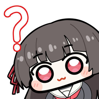 1girl :3 ? black_hair chibi chibi_only chisa_(wuthering_waves) closed_mouth commentary hair_ribbon long_hair looking_at_viewer portrait red_eyes red_ribbon ribbon sailor_collar simple_background solo symbol-only_commentary twomoon white_background white_sailor_collar wuthering_waves