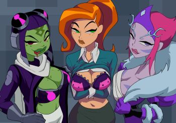 3girls absurdres alien animal_print attea_(ben_10) ben_10 ben_10:_omniverse blue_sweater bra breasts cat_print colored_skin ester_(ben_10) facial_mark freckles frog_girl gloves green_eyes green_skin gwen_tennyson hat helmet highres inker_comics large_breasts looking_at_viewer looking_to_the_side multiple_girls orange_hair pilot_helmet pink_hair pink_skin ponytail purple_eyes red_eyes saliva scarf shirt silver_gloves skirt sweater thick_lips tongue tongue_out underwear white_scarf white_shirt