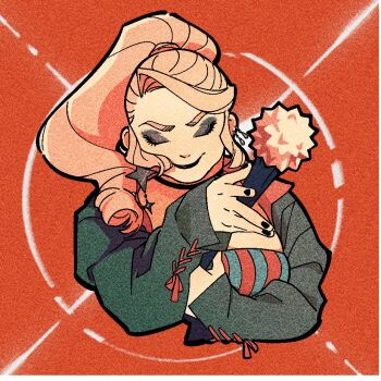 1girl 3itches black_eyeshadow black_lips blonde_hair chinese_commentary choker closed_eyes commentary_request earrings eyeshadow hand_fan holding holding_fan jewelry makeup olivia_(3itches) orange_background ponytail smile solo swept_bangs tweetyq1961 upper_body