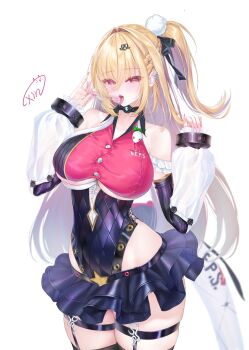 Rule 34 | 1girl, artist logo, bare shoulders, black leotard, black skirt, black thighhighs, blonde hair, blush, breasts, candy, cissia (zenless zone zero), commentary request, cowboy shot, fingernails, food, hair between eyes, hands up, highres, holding, holding candy, holding food, holding lollipop, large breasts, leotard, logo, lollipop, long fingernails, long hair, long sleeves, looking at viewer, obiwan, open mouth, pink nails, red eyes, sharp fingernails, side ponytail, simple background, skirt, solo, thighhighs, underboob, weisuoxin, white background, zenless zone zero