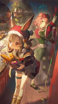 2girls ahoge animal_ears arknights bag bakery bandaid bandaid_on_leg black_footwear black_necktie bow bread brown_eyes brown_hair cake candy candy_cane character_request check_character christmas christmas_ornaments christmas_tree christmas_wreath coat collared_shirt counter cupcake display_case donut dress ears_through_headwear folded_hair food food_in_mouth goldenglow_(arknights) green_dress green_ribbon grey_shirt hair_bow hat headband highres holding holding_bag indoors looking_at_viewer maipianvale multiple_girls necktie night night_sky off_shoulder open_clothes open_coat pastry pink_hair popsicle ribbon santa_hat shelf shirt shop sky thigh_strap tile_floor tiles warmy_(arknights) warmy_(warm_velvet_at_the_corner)_(arknights) wide_sleeves window wreath yellow_eyes