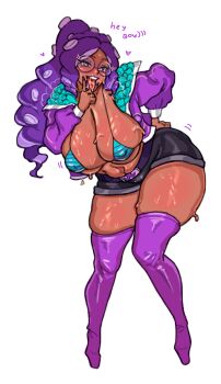 1girl aqua_bikini bikini bikini_top_only black_shorts boots breasts cleavage dark-skinned_female dark_skin fellatio_gesture fistingmadam glasses highres huge_breasts indie_virtual_youtuber jacket long_hair looking_at_viewer momma_occo nintendo octoling open_clothes open_jacket purple_boots purple_hair purple_jacket purple_nails round_eyewear short_shorts shorts simple_background solo splatoon_(series) sweat swimsuit tentacle_hair thigh_boots tongue tongue_out virtual_youtuber white_background