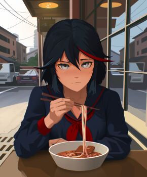 Rule 34 | 1girl, absurdres, car, closed mouth, food, highres, kill la kill, lem, looking at viewer, matoi ryuuko, motor vehicle, multicolored hair, noodles, outdoors, pov, red hair, senketsu, table, window