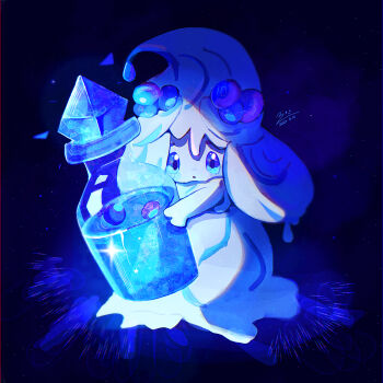 1girl absurdres alcremie alcremie_(berry_sweet) alcremie_(salted_cream) blue_eyes blue_theme blueberry bottle commentary_request food food-themed_hair_ornament fruit gen_8_pokemon glowing hair_ornament highres holding holding_bottle liquid long_hair looking_at_viewer mimori_(mimori0189) nintendo open_mouth pokemon pokemon_(creature) signature solo sparkle