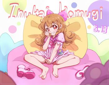 1girl :d bare_legs barefoot bean_bag_chair between_legs birthday blurry blush boots bow breasts brown_hair character_name commentary dated depth_of_field dotted_background drawstring dress dress_tug english_text feet full_body grabbing_own_hair grin hair_between_eyes hair_bow hair_down hand_up heart highres holding_own_hair hood hood_down hooded_dress inukai_komugi lhj3496 long_hair looking_at_viewer messy_hair open_mouth pact_holder panties pantyshot pillow pink_boots pink_bow pink_dress pink_panties pouch precure puffy_short_sleeves puffy_sleeves red_eyes short_dress short_sleeves sitting small_breasts smile soles solo spread_legs tied_drawstring toe_scrunch toes underwear white_background wonderful_precure!