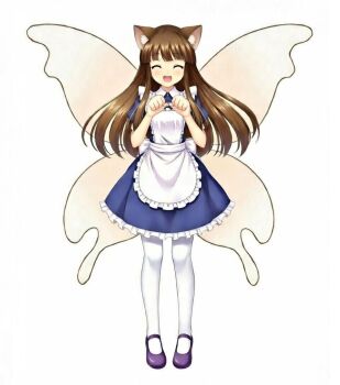 1girl animal_ears apron blush brown_hair butterfly_wings closed_eyes fairy happy insect_wings leggings long_hair maid mary_janes non-web_source shoes solo touhou white_leggings wings