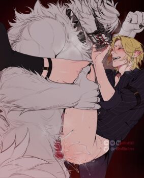 2boys absurdres anal arm_belt arm_up belt black_belt black_nails black_shirt black_socks blonde_hair blush bottomless collared_shirt colored_eyelashes commentary completely_nude cum cum_overflow curtained_hair ejaculation english_commentary eye_contact fangs fingernails furry furry_male girthy_penis hand_on_another's_leg highres hugo_vlad interspecies legwear_garter looking_at_another male_focus male_penetrated multiple_boys muscular muscular_male muzzle_(mask) nude open_collar open_mouth patreon_username penis pinstripe_pattern pinstripe_shirt pointy_ears red_eyes red_penis riffraffhellyea sex sharp_fingernails sharp_teeth shirt socks teeth tongue tongue_out twitter_username veins veiny_penis von_lycaon white_fur wing_collar wolf_boy yaoi zenless_zone_zero