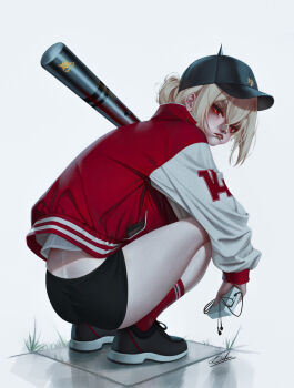 1girl back_peek bekus black_panties blonde_hair cape club_(weapon) from_behind highres jacket long_hair luciana_de_montefio panties red_eyes red_socks shoes sneakers socks solo squatting underwear weapon zenless_zone_zero