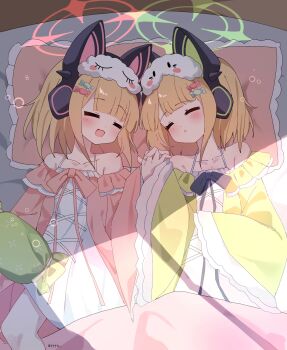 2girls :d animal_ear_headphones animal_ears artist_name bare_shoulders bed_sheet blanket blonde_hair blue_archive blunt_bangs blush candy_hair_ornament cat_ear_headphones cat_ears closed_eyes collarbone commentary_request dress fake_animal_ears food-themed_hair_ornament frilled_dress frilled_pillow frills from_above green_dress green_halo hair_ornament halo head_on_pillow head_tilt headphones highres holding_hands long_sleeves lying making-of_available medium_hair midori_(blue_archive) momoi_(blue_archive) multiple_girls off-shoulder_dress off_shoulder official_alternate_costume on_back on_bed open_mouth pajamas parted_bangs parted_lips pillow pink_dress pink_halo procreate_(medium) siblings sidelocks sisters sleep_mask sleeping sleeves_past_wrists smile transparent_halo tttlr twins twitter_username two-tone_dress white_dress wide_sleeves window_shadow