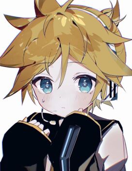 1boy arms_up blonde_hair blue_eyes blush closed_mouth dot_nose frown geometry682 hair_between_eyes headphones headset kagamine_len male_focus parted_bangs ponytail shirt short_ponytail simple_background sleeves_past_wrists solo sweatdrop upper_body vocaloid white_background white_shirt