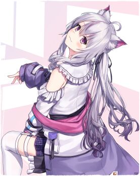 1girl :3 absurdres animal_ears bare_shoulders black_ribbon blush cat_ears closed_mouth commentary_request commission detached_sleeves frilled_sailor_collar frilled_shirt_collar frills from_above gradient_hair grey_hair hair_ribbon head_tilt highres indie_virtual_youtuber legwear_garter looking_at_viewer miniskirt multi-source_commentary multicolored_hair nekoyama_mia_(vtuber) plaid_clothes plaid_skirt pleated_skirt purple_eyes ribbon sailor_collar sitting skeb_commission skirt smile solo thighhighs traveler_(artbbt) twintails two_side_up virtual_youtuber white_thighhighs