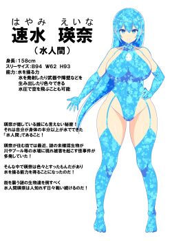 absurdres bad_link blue_eyes blue_hair breasts character_name closed_mouth commentary_request covered_navel elbow_gloves full_body gloves hair_between_eyes hand_on_own_hip hayami_eina_(tanikan0120) height highleg highleg_leotard highres large_breasts leotard long_hair measurements original reference_sheet shiny_skin smile tanikan0120 thighhighs