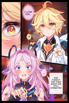 ... 1boy 1girl ? absurdres aether_(as_heaven_and_earth_are_made_anew)_(genshin_impact) aether_(genshin_impact) ahoge bare_shoulders black_border black_gloves blonde_hair blue_eyes blush border braid citlali_(genshin_impact) commentary english_commentary facial_mark fingerless_gloves forehead_mark genshin_impact gloves hair_between_eyes hand_up highres long_hair midori_(midori13579) multicolored_hair official_alternate_costume open_mouth parted_lips peanut_mouth pink_hair pink_pupils purple_hair spoken_ellipsis spoken_question_mark sweat triangle triangle_facial_mark twin_braids very_long_hair yellow_eyes