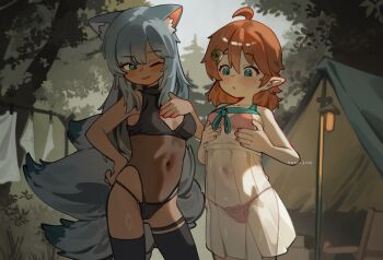 2girls ahoge animal_ear_fluff artist_name black_panties black_thighhighs blue_eyes blue_hair blunt_bangs blush_stickers bra breasts cameltoe camping character_request cleavage_cutout clothesline clothing_cutout copyright_request covered_navel cowboy_shot dress hand_on_own_chest hand_on_own_hip hands_on_own_chest highres kani_fish kitsune lace lace_bra lace_panties long_hair looking_at_another medium_breasts medium_hair multiple_girls multiple_tails one_eye_closed orange_hair outdoors panties parted_bangs parted_lips pointy_ears red_bra red_panties see-through_clothes sidelocks small_breasts standing tail tent thighhighs underwear white_dress
