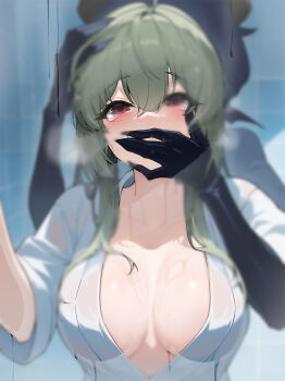 2girls absurdres against_glass ahoge araga_kiwi assertive_female black_gloves blurry breasts breasts_apart breath commentary_request glass gloves green_hair hair_over_shoulder hand_on_another's_head hand_on_another's_mouth hands_up highres ilovethelife large_breasts long_hair magia_baiser mahou_shoujo_ni_akogarete multiple_girls no_bra open_clothes open_robe purple_hair raised_eyebrows red_eyes robe saliva saliva_on_hand saliva_trail short_sleeves standing steam straight-on tearing_up tile_wall tiles upper_body water_on_glass wet wet_clothes white_robe yuri