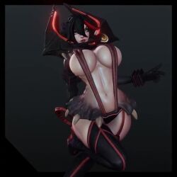 1girl 3d abs animated ass blue_eyes breasts closed_mouth garter_straps holding holding_sword holding_weapon kill_la_kill large_breasts looking_at_viewer lowres matoi_ryuuko miniskirt multicolored_hair navel pear_force_one red_hair revealing_clothes scissor_blade_(kill_la_kill) senketsu skirt solo standing streaked_hair suspenders sword tagme thighhighs thighs underboob video weapon