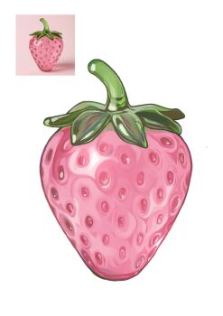 commentary english_commentary food food_focus fruit glass glass_fruit highres lanajay_art no_humans original painterly photo-referenced reference_inset simple_background still_life strawberry white_background