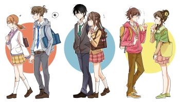 3boys 3girls blazer brown_eyes brown_hair cardigan commentary_request eighth_note flying_sweatdrops from_side genderswap genderswap_(ftm) hand_in_pocket highres hojo_karen holding_hands honda_mio hood hooded_track_jacket hoodie idolmaster idolmaster_cinderella_girls jacket kamiya_nao kneehighs loafers long_hair multiple_boys multiple_girls musical_note one_side_up open_clothes open_hoodie partial_commentary profile revision school_uniform shibuya_rin shimamura_uzuki shoes short_hair socks spoken_squiggle squiggle takamori_aiko track_jacket yuka_(mikuxluka)