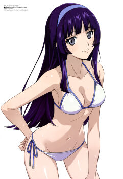 1girl absurdres arakimari bare_shoulders bikini breasts cleavage grendizer_u hairband hand_on_own_hip highres leaning_forward long_hair looking_at_viewer magazine_scan mazinger_(series) medium_breasts megami_magazine midriff navel official_art purple_hair scan simple_background smile swimsuit thighs ufo_robo_grendizer white_hairband yumi_sayaka