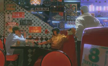 1girl 2boys aizheajsee batou_(gits) beer_can black_gloves black_hair can closed_eyes commentary_request drink_can fingerless_gloves ghost_in_the_shell gloves highres holding holding_can jacket kusanagi_motoko multiple_boys orange_jacket restaurant sitting togusa_(gits)