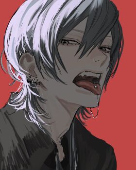 1boy adam&#039;s_apple black_shirt check_copyright collared_shirt commentary_request copyright_request earrings grey_eyes grey_hair highres jewelry lower_eyelashes_only male_focus mizooti_0 multiple_earrings open_mouth original piercing red_background shirt sideways_glance simple_background solo teeth tongue tongue_out tongue_piercing upper_teeth_only wing_collar wolf_cut