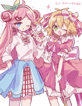 2girls ;d ;o absurdres amitie_(puyopuyo) blonde_hair blue_eyes blush bow bow_hairband bowtie cherry_pop_(vocaloid) collared_shirt commentary_request cowboy_shot double-parted_bangs dress frilled_dress frilled_sleeves frills futaba969649 green_eyes green_hairband hair_between_eyes hair_ornament hairband heart heart_hair_ornament highres ima_sugu_rinne_(vocaloid) long_hair long_sleeves looking_at_viewer multiple_girls one_eye_closed open_mouth parted_bangs pink_bow pink_bowtie pink_dress pink_hair pink_hairband pleated_skirt puyopuyo raffina_(puyopuyo) red_bow red_bowtie red_skirt shirt short_hair short_sleeves simple_background skirt smile sparkle star-shaped_pupils star_(symbol) striped_bow striped_bowtie striped_clothes symbol-shaped_pupils translated white_background white_shirt