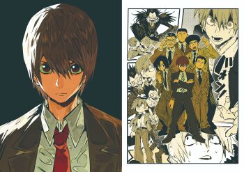 Rule 34 | 6+boys, absurdres, aizawa shuuichi, black hair, black pants, brown hair, character request, closed mouth, collared shirt, colored skin, crossed arms, death note, full body, glasses, grin, hair between eyes, highres, looking at viewer, matsuda touta, mogi kanzou, multiple boys, multiple views, open mouth, pants, red eyes, ryuk, shirt, short hair, smile, sweat, teeth, white shirt, white skin, xi luo an ya, yagami light, yagami souichirou