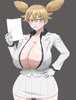 1girl :/ artist_request breasts buttons cleavage closed_mouth collarbone gloves gradient_background grey_background hair_between_eyes hand_on_own_hip highres huge_breasts jacket lollipop_in_mouth long_sleeves looking_at_viewer medium_hair momokusa_yomogi partially_unbuttoned shiny_skin skindentation solo striped_clothes striped_jacket tougen_anki twintails v-shaped_eyebrows vertical-striped_clothes vertical-striped_jacket white_gloves white_jacket wide_hips yellow_eyes