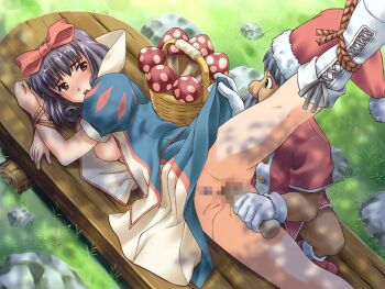 1boy 1girl basket bdsm black_hair blush bondage bound bow breasts brown_eyes censored cross-laced_footwear disney dress dwarf hair_bow hat lying medium_breasts mosaic_censoring mushroom nipples no_panties object_insertion on_side open_clothes pussy short_hair snow_white_(fairy_tale) snow_white_(fairy_tale_character) vaginal vaginal_object_insertion