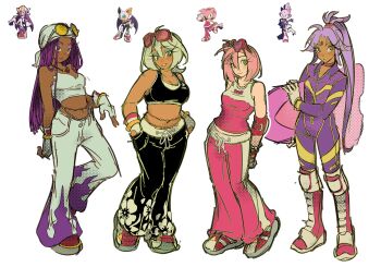 4girls absurdres amy_rose blaze_the_cat boots breasts choker cleavage closed_mouth dark-skinned_female dark_skin eyelashes eyeshadow eyewear_on_head facial_mark fingerless_gloves floral_print forehead_mark full_body gloves hair_between_eyes hand_in_pocket headscarf heart heart-shaped_eyewear highres jewelry knee_boots large_breasts livpoid long_hair makeup medium_breasts midriff multiple_girls necklace official_alternate_costume pants personification pink_hair ponytail purple_hair reference_inset rouge_the_bat simple_background small_breasts sonic_(series) sonic_riders_(series) sports_bra sunglasses wave_the_swallow white_background white_gloves white_hair