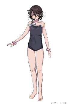 Rule 34 | 1girl, bare shoulders, barefoot, black one-piece swimsuit, blush, brown hair, collarbone, dated, full body, hair between eyes, highres, momijiyama teru, one-piece swimsuit, short hair, shy (series), simple background, swimsuit, takatisakana, wet, white background