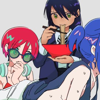1boy 2girls absurdres amate_yuzuriha aqua_eyes blue_hair blush bowl collared_shirt eating food food_on_face grey_background gundam gundam_gquuuuuux headphones headphones_around_neck highres holding holding_bowl holding_food jacket long_hair long_sleeves multiple_girls noodles nyaan_(gundam_gquuuuuux) ponytail purple_hair ramen red_hair scene_reference school_uniform shirt short_hair shuji_ito simple_background sunglasses sweat tank_top xoo_(x) yellow_eyes
