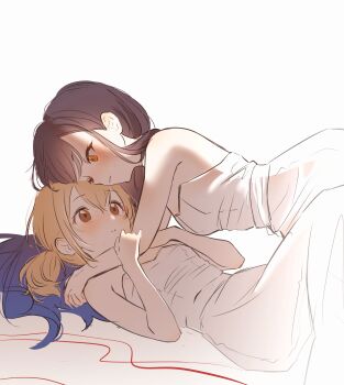 2girls absurdres arms_around_neck azusawa_kohane bare_arms black_hair blue_hair blush brown_eyes brown_hair commentary dress english_commentary gradient_hair highres l0hann1 long_hair multicolored_hair multiple_girls orange_eyes parted_lips project_sekai shiraishi_an simple_background smile tears wedding_dress white_background white_dress yuri