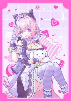 1girl 903060276 absurdres ahoge aqua_hair beret black_hat black_wrist_cuffs blue_bow blush bow bowtie breasts chinese_commentary cinnamoroll cleavage colored_inner_hair detached_collar detached_sleeves dress fang fanged_bangs fuwa_fuwa_cinnamoroll gloves gradient_bow gradient_bowtie grid_background hair_bow hair_intakes hair_ornament handheld_game_console hat hat_ornament heart heart_in_eye highres holding holding_stuffed_toy idolmaster idolmaster_cinderella_girls idolmaster_cinderella_girls_starlight_stage knees_up large_breasts long_sleeves medium_hair multicolored_hair open_mouth pill pillow pink_background pink_bow pink_bowtie pink_eyes pink_hair plaid_clothes plaid_dress plaid_sleeves purple_bow purple_dress purple_gloves purple_sleeves purple_thighhighs sanrio sitting skin_fang skull skull_hat_ornament skull_ornament smile solo star_(symbol) star_hair_ornament striped_clothes striped_pillow striped_thighhighs stuffed_toy symbol_in_eye syringe thighhighs thighs two-tone_hair wrist_cuffs yellow_bow yumemi_riamu