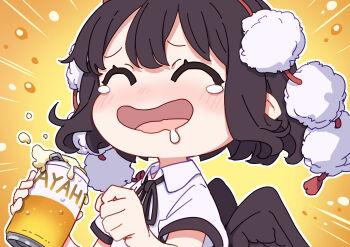 Rule 34 | :d, ^ ^, absurdres, alcohol, asahi breweries, beer, black hair, black ribbon, black wings, brand name imitation, bubble, can, chibi, closed eyes, drink can, emphasis lines, feathered wings, hair between eyes, highres, holding, holding can, kame (kamepan44231), medium hair, open mouth, pointy ears, pom pom (clothes), ribbon, saliva, shameimaru aya, short sleeves, smile, tearing up, tengu, touhou, wings, yellow background