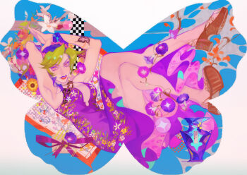 Rule 34 | 1girl, absurdres, aranloce, bottle, braid, breasts, bun with braided base, butterfly tattoo, commentary, double bun, dress, english commentary, flower, hair bun, highres, jojo no kimyou na bouken, kuujou jolyne, mixed-language commentary, perfume bottle, solo, stone ocean, tattoo