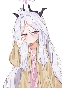 Rule 34 | 1girl, absurdres, ahoge, ahti, blue archive, cardigan, cardigan on shoulders, commentary request, demon girl, demon horns, hair between eyes, hair down, halo, highres, hina (blue archive), hina (pajamas) (blue archive), horns, long hair, long sleeves, looking at viewer, official alternate costume, official alternate hairstyle, open cardigan, open clothes, pajamas, pink pajamas, polka dot, polka dot pajamas, purple eyes, rubbing eyes, sidelocks, simple background, sleepy, solo, upper body, waking up, wavy hair, white background, white hair, yellow cardigan