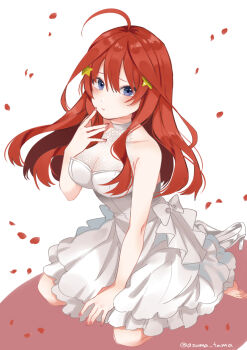 1girl :t ahoge artist_name bare_arms bare_shoulders barefoot blue_eyes breasts commentary_request dress falling_petals go-toubun_no_hanayome hair_ornament highres kneeling large_breasts long_hair looking_at_viewer nakano_itsuki norarikurari333 petals red_hair red_nails red_petals sleeveless sleeveless_dress solo star_(symbol) star_hair_ornament twitter_username white_background white_dress