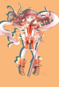 brown_hair danannie fire_emblem fire_emblem:_radiant_dawn hair_tubes highres mist_(fire_emblem) mist_(radiant_dawn)_(fire_emblem) nintendo orange_arm_warmers orange_socks orange_vest scarf socks staff vest white_scarf