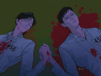 2boys black_eyes black_hair blank_stare blood blood_on_clothes blood_on_face blood_on_hands blood_splatter closed_eyes clothes_writing collared_shirt dark dual_persona facing_up head_tilt highres holding_hands male_focus multiple_boys on_ground pool_of_blood progression runlikehellllll seong_gi-hun shirt short_hair smile squid_game white_shirt