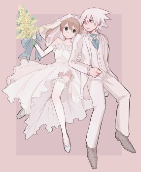 Rule 34 | 1boy, 1girl, absurdres, bouquet, bridal veil, bride, commentary request, couple, dress, elbow gloves, flower, garter straps, gloves, green eyes, groom, hetero, highres, holding, holding bouquet, locked arms, long hair, looking back, maka albarn, narrowed eyes, open mouth, red eyes, shoes, soul eater, soul evans, strapless, strapless dress, suehiroch0, thighhighs, tongue, veil, wedding, wedding dress, white dress, white gloves, white shoes, white thighhighs