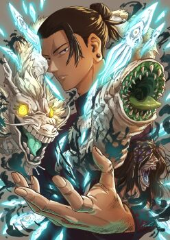 1boy absurdres black_eyes black_hair dragon earrings forehead getou_suguru glowing glowing_eyes hair_pulled_back highres jewelry jujutsu_kaisen koki_ant looking_at_viewer male_focus monster plug_(piercing) sharp_teeth squid teeth upper_body