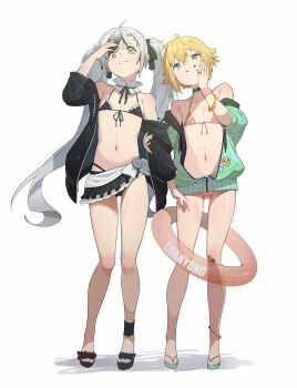 2boys antenna_hair badge bandaid bandaid_on_knee bandaid_on_leg bare_shoulders bikini black_bikini black_footwear black_hair black_jacket black_ribbon blue_eyes button_badge buttons commentary crescent crossdressing crossdressing_(mtf) flat_chest flip-flops front-tie_bikini_top front-tie_top full_body green_footwear green_jacket green_nails grin hair_between_eyes hair_ribbon hand_on_own_cheek hand_on_own_face hand_up highres holding_another&#039;s_arm innertube jacket long_hair long_sleeves looking_at_viewer looking_down male_focus multicolored_hair multiple_boys nail_polish navel nijisanji off_shoulder open_clothes open_jacket orange_bikini ribbon sandals sidelocks simple_background smile smirk smug standing stomach string_bikini suzuki_masaru suzuki_masaru_(ruko) swim_ring swimsuit symbol-only_commentary toeless_footwear trap twintails two-tone_hair uzuki_kou virtual_youtuber waterkuma white_background white_hair wristband yellow_eyes