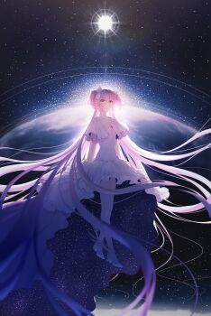 1girl a_world_underneath absurdly_long_hair absurdres arms_at_sides backlighting baizhou_zhi_ying blurry bokeh bow choker cleavage_cutout closed_mouth clothing_cutout collarbone depth_of_field dot_nose dress earth_(planet) floating_hair frilled_dress frills full_body gem gloves hair_between_eyes hair_bow high-low_dress high_heels highres kaname_madoka layered_clothes layered_dress layered_sleeves lens_flare light_smile long_dress long_hair mahou_shoujo_madoka_magica mahou_shoujo_madoka_magica_(anime) pink_gemstone pink_hair pink_thighhighs planet pumps shoes sidelocks sky solo space star_(sky) starry_sky starry_sky_print straight_hair sunlight sunrise thighhighs two_side_up ultimate_madoka very_long_hair white_bow white_choker white_dress white_gloves white_shoes wide_sleeves winged_shoes wings yellow_eyes zero_gravity zettai_ryouiki