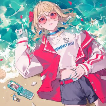 1girl absurdres accessories aqua_nails blonde_hair blue_eyes blush cellphone earrings flip_phone highres jacket jewelry original phone red_jacket ring ritao_kamo shirt white_shirt
