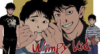 2boys belt black_belt black_eyes black_hair black_pants black_shirt blue_pants book clenched_hands closed_mouth copyright_name diary_of_a_wimpy_kid drumsticks eyeliner finger_in_another's_mouth forced_smile greg_heffley grin gyoi_0_0 holding holding_book holding_drumsticks long_sleeves looking_at_viewer makeup male_focus multiple_boys pants pillarboxed print_shirt rodrick_heffley shirt short_sleeves smile striped_clothes striped_shirt studded_belt t-shirt thick_eyebrows